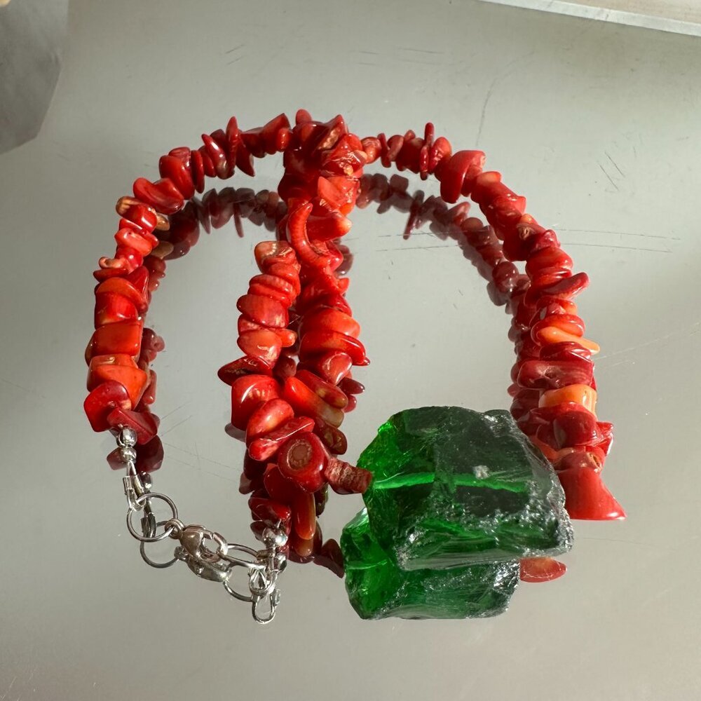 Green Sea Glass Red Coral Pendant Sterling Silver Necklace 925 Handmade Beach - Picture 6 of 11